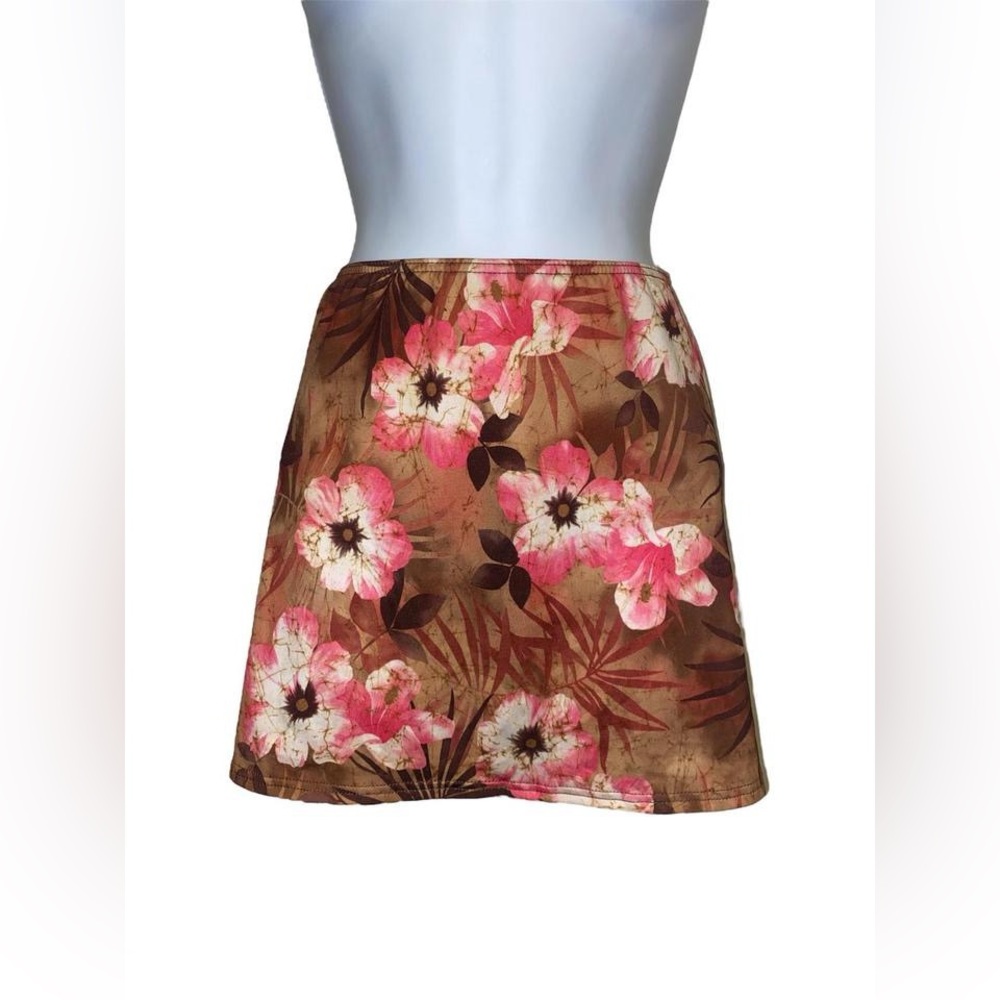 Y2K tropical brown and pink floral mini skirt